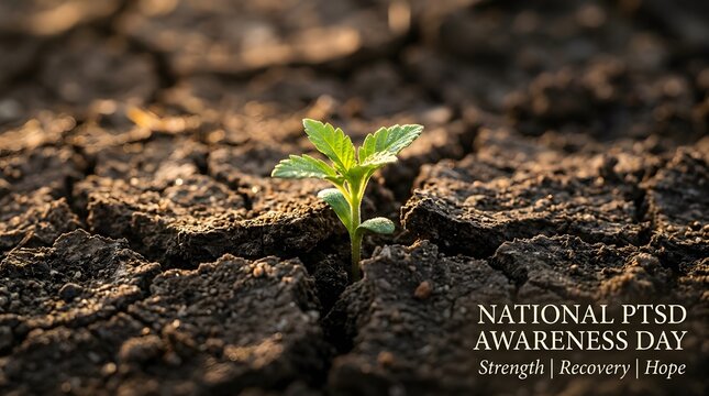 Small green plant growing from cracked dry soil national ptsd awareness day