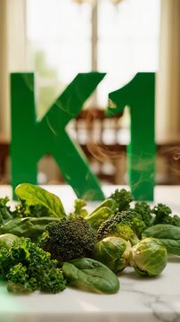 Fresh Vegetables Displayed on Marble Countertop with Green Letter Cutout vitamin k1