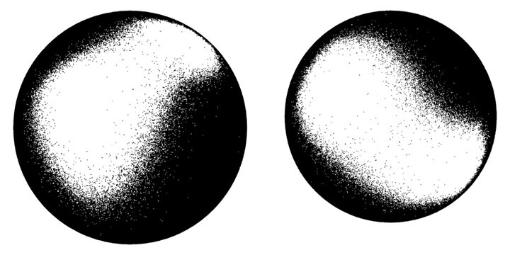 Grainy noise circles vector set. Dot grain texture circles. Spray texture sand and dissolving circles. Abstract black spheres with gradient stipple pattern.  Vector illustration