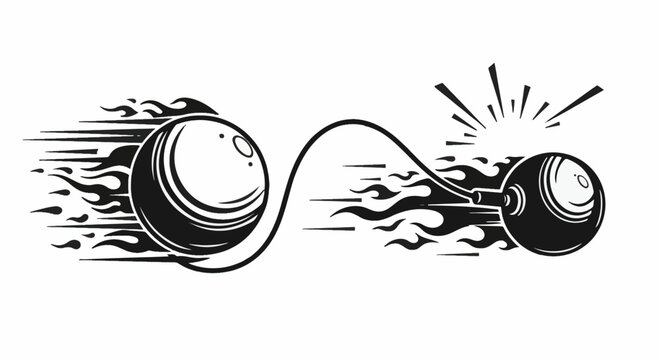 Black and white vector graphic of two tetherballs or bowling balls connected by a cord, featuring dynamic flaming speed trails and a comic book style impact burst effect on white background.
