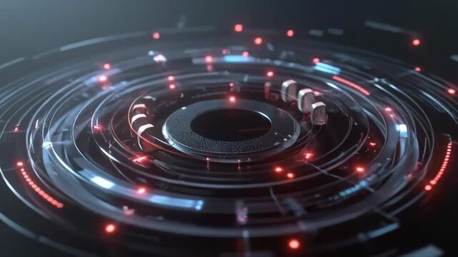 A futuristic circular tech interface with glowing red elements in a dark scene, concept of digital innovation