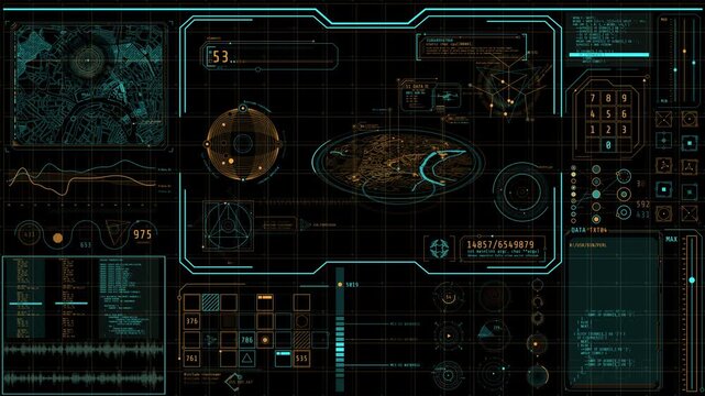 Animated high-tech display with navigation and surveillance data