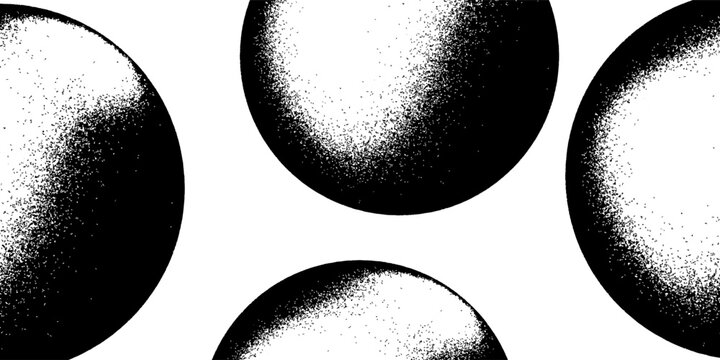 Grainy noise circles vector set. Dot grain texture circles. Spray texture sand and dissolving circles. Abstract black spheres with gradient stipple pattern.  Vector illustration