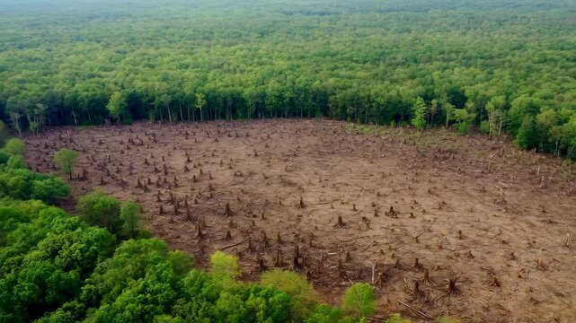 Aerial view of deforested land with tree stumps surrounded by lush green forest. Highlighting the impact of deforestation on ecosystems and biodiversity