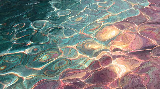 Shimmering pools of colorful water with light reflections with beautiful abstract patterns fantasy glowing ripples vibrant dreamy colors with swirls