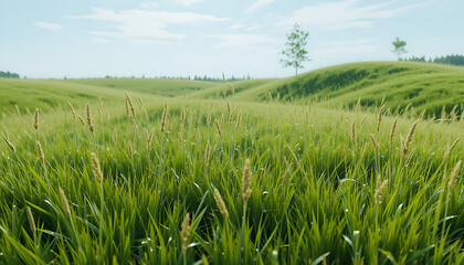 Obraz premium Swaying Green Rice Field in Summer Countryside with Soft Wind Movement