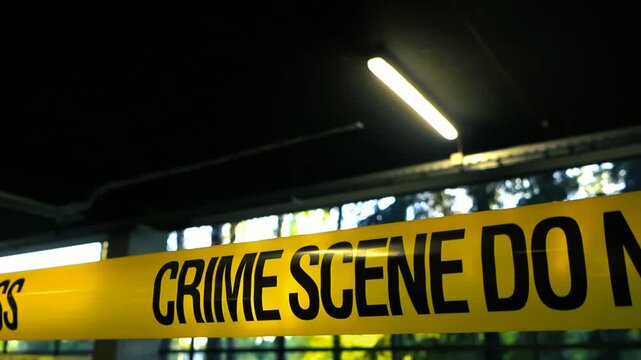 Crime scene tape cordoning off an area in a dark underground garage with fluorescent ceiling lights, indicating a police investigation, forensic activity, or a restricted zone