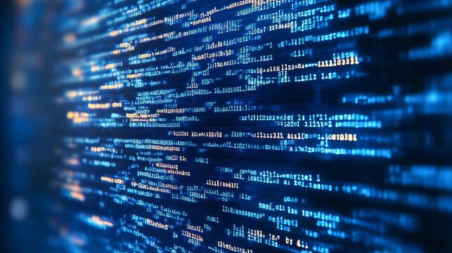 Abstract Background Featuring Cascading Binary Data Streams And Abstract Program Code On Dark Screen