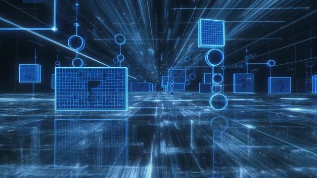 Glowing blue lines forming a dynamic digital grid in a sleek tech style on dark background, concept of data flow and cyber space