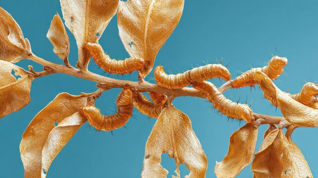 Several hairy orange larvae crawl along a desiccated plant branch against a bright blue backdrop.
