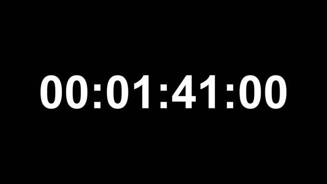 Digital 10 minute timecode counter animation, large bold white numbers running on a clean dark background 4k .......