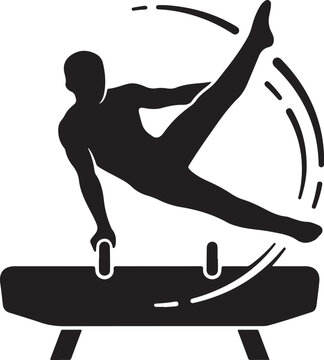 Man performing gymnastics on pommel horse in dynamic motion control