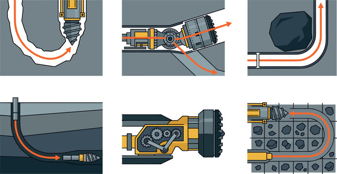 Horizontal directional drilling icon set trenchless technology underground pipe installation tunnel boring machine engineering vector illustrations