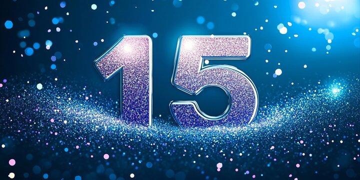 Shiny Metallic Number 15 On A Festive Background With Glittering Particles And Ethereal Bokeh Glow