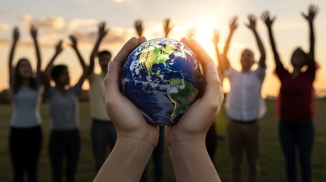 Hands holding earth with diverse people celebrating unity and global environment