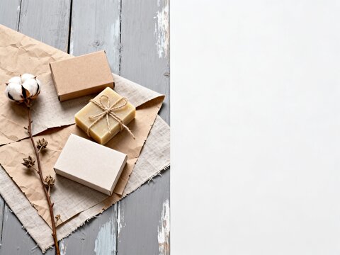 Handmade Soap Bars with Cotton Stem on Rustic Wood