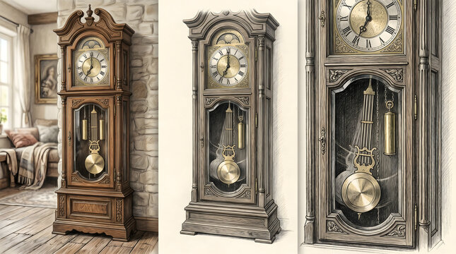 Three grandfather clocks with pendulum are shown in a room with interior design.