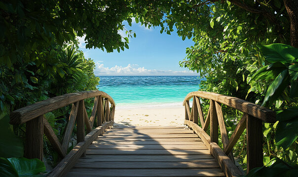 Wooden bridge leading to tropical beach paradise, ocean view, lush foliage framing scene