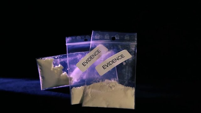 Plastic evidence bags with white powder narcotics like cocaine and heroin on dark background, crime scene concept illustrating drug trafficking, seizure, police investigation and contraband
