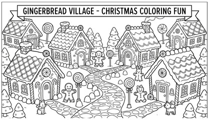Fototapeta premium Charming gingerbread village illustration, an inviting Christmas coloring page for children, featuring festive houses, sweet treats, and happy characters for holiday fun