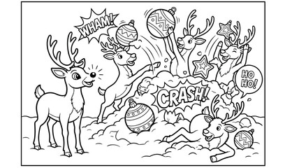 Obraz premium Whimsical reindeer characters creating a joyful and slightly chaotic scene, playfully interacting with scattered holiday ornaments in a snowy festive setting