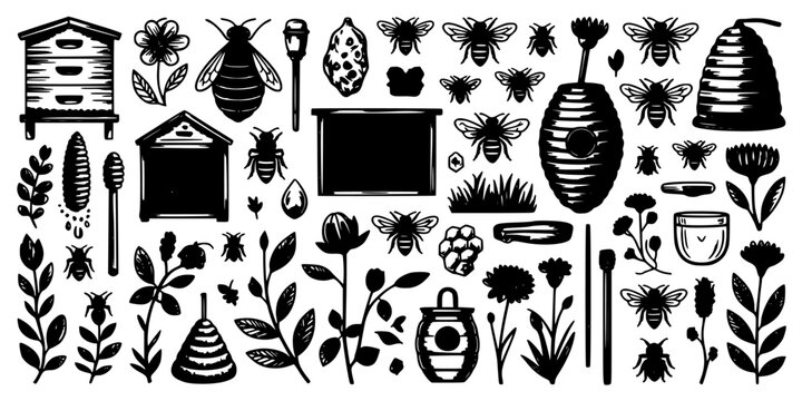 Beehive Icon Set with Flowers, Leaves, Butterflies, Honeycomb and Garden Elements in Black Line Art Featuring Bee, Honey, Hive with Pollinator
