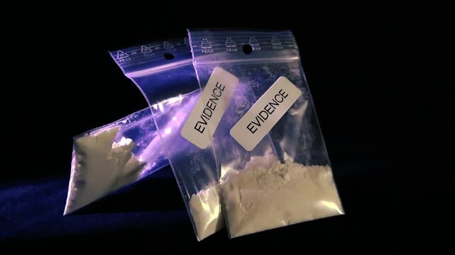 Several small plastic bags labeled as evidence and containing white powder, possibly cocaine or heroin, slowly rotate on a black background, representing a crime scene investigation or drug bust