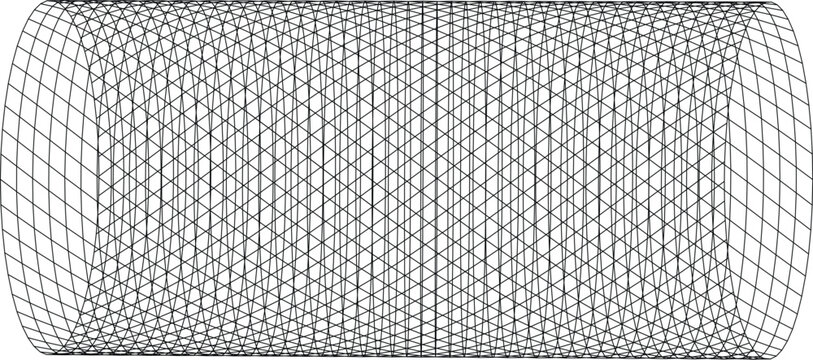 Abstract geometric pattern of a cylindrical wire mesh structure, 3d wireframe rendering of a tube with intersecting diagonal lines