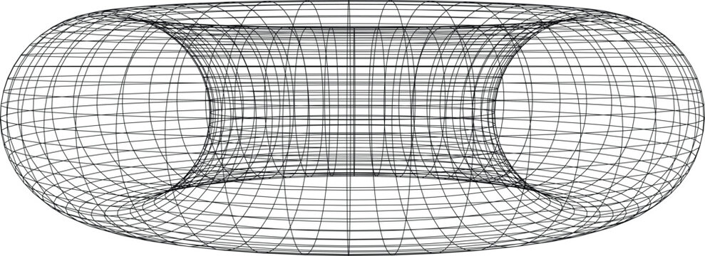 Wireframe 3d model of a torus, a geometric donut shape with a grid pattern, abstract mathematical structure for design and visualization