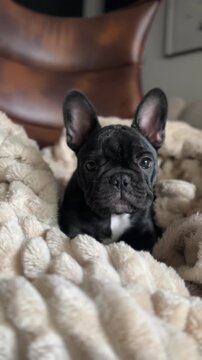 A cute black French Bulldog puppy with white chest markings resting comfortably on a soft, fluffy blanket.