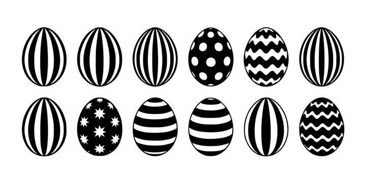Eggs with Various Black and White Patterns and Designs Featuring Stripes, Polka Dots, Zigzag with Stars and Oval Elements for Vector, Illustration