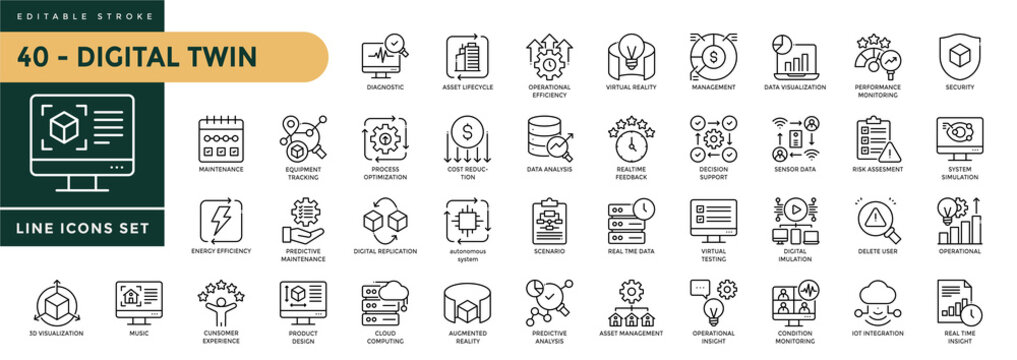 A collection of Digital Twin icons set with editable stroke, including asset management, iot integration, virtual model, real time data. Thin linear vector illustration.