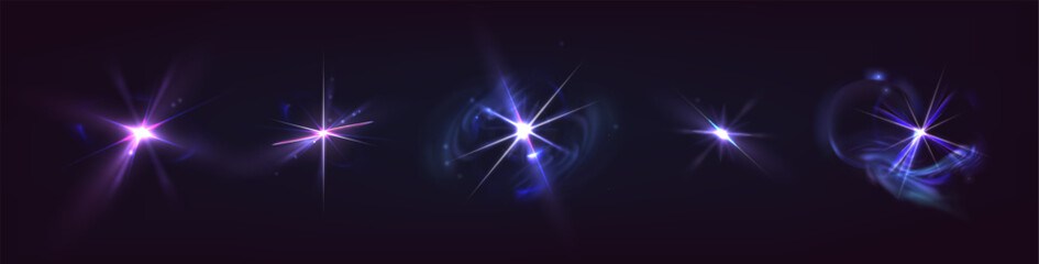 Obraz premium Glowing light flash set with smoke effect isolated on black background. Vector realistic illustration of neon blue star shine with radiant beams, bright shimmering starburst with luminous flare
