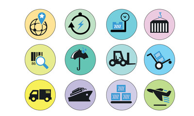 Fototapeta premium Logistics and Shipping Icon Set Global Cargo Transportation Delivery Services Circle Vector Badges
