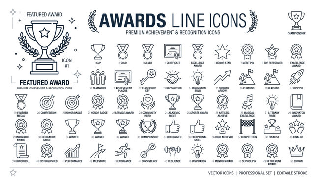 Awards line icons set premium achievement and recognition symbols vector collection