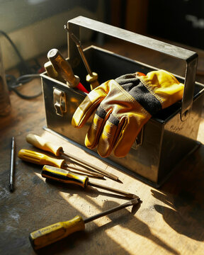 Metal toolbox with screwdrivers and work gloves tools hardware