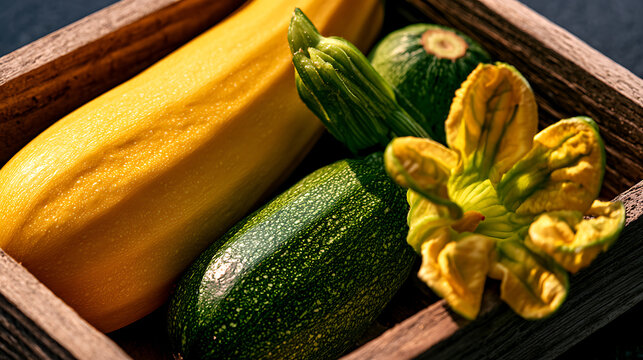 A large yellow pumpkin, the smallest green zucchini, and tiny zucchini flowers