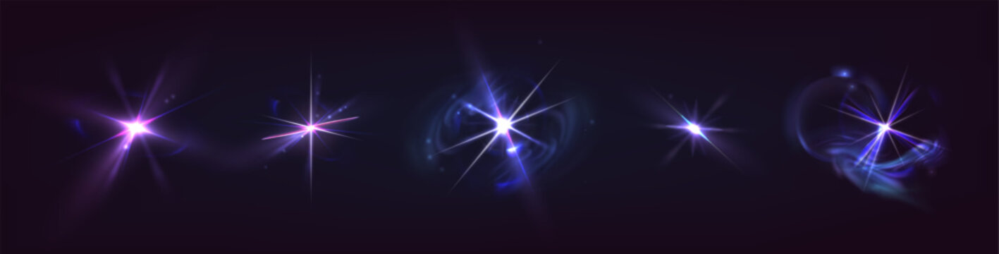 Glowing light flash set with smoke effect isolated on black background. Vector realistic illustration of neon blue star shine with radiant beams, bright shimmering starburst with luminous flare