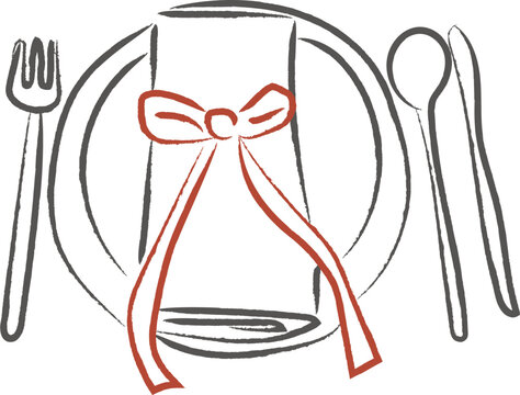 Hand drawn wedding place setting with a plate, cutlery, and tied napkin bow isolated on white background. A whimsical brush stroke dinner illustration for receptions, Valentine's Day, romantic events.
