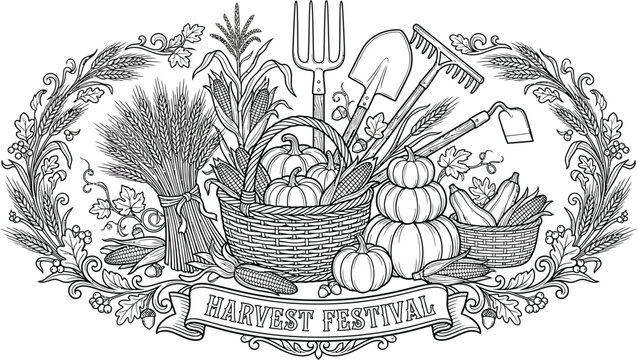 Harvest festival illustration with baskets of pumpkins corn and squash surrounded by tools and foliage in a decorative border design