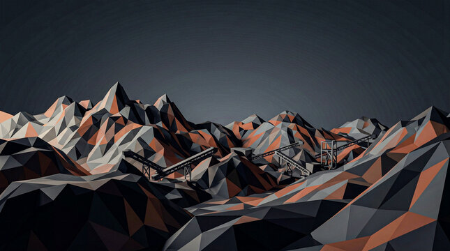 Low-poly slag terrain charcoal ash rust orange dramatic shadows, industrial background