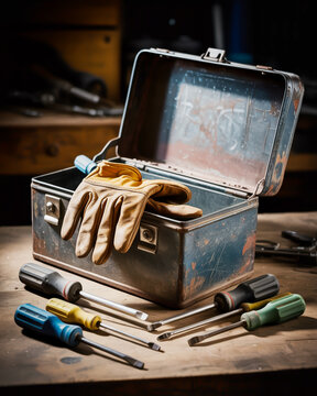 Open toolbox with screwdrivers and work gloves on a wooden workbench workshop