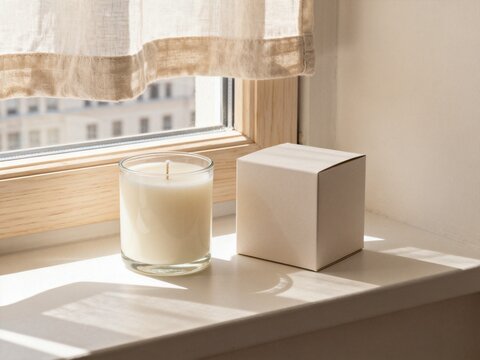 Candle and Box on Window Sill with Soft Natural Light