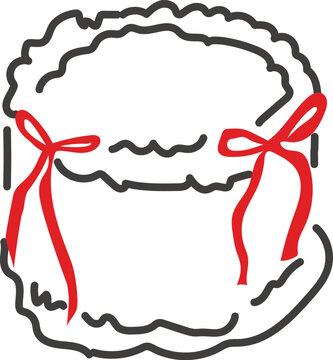 Hand-drawn round vintage cake with red ribbon bows isolated on white background. A whimsical brush stroke dessert illustration for Valentine's Day, weddings, and romantic celebrations. Vector.