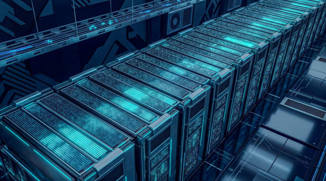 Midnight navy isometric server blade stack cyan LED dot matrix, security background