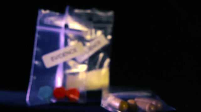 Rack focus shot of several small plastic evidence bags containing illegal drugs, such as colorful ecstasy pills and white powder, presented as evidence from a crime scene investigation