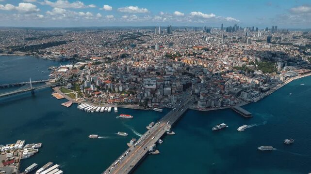 Istanbul's Golden Horn and Orange Tiled Roofs: Beautiful High-Angle Drone Shot Capturing the Historic Heart of Turkey