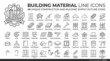 Obraz premium Set of 45 building material line icons, construction and building supply outline icons