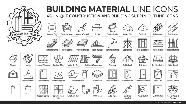 Set of 45 building material line icons, construction and building supply outline icons