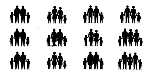 Obraz premium Families Standing Together in Various Group Configurations Featuring Silhouettes, Black, White with Vector and Illustration Elements for Parents